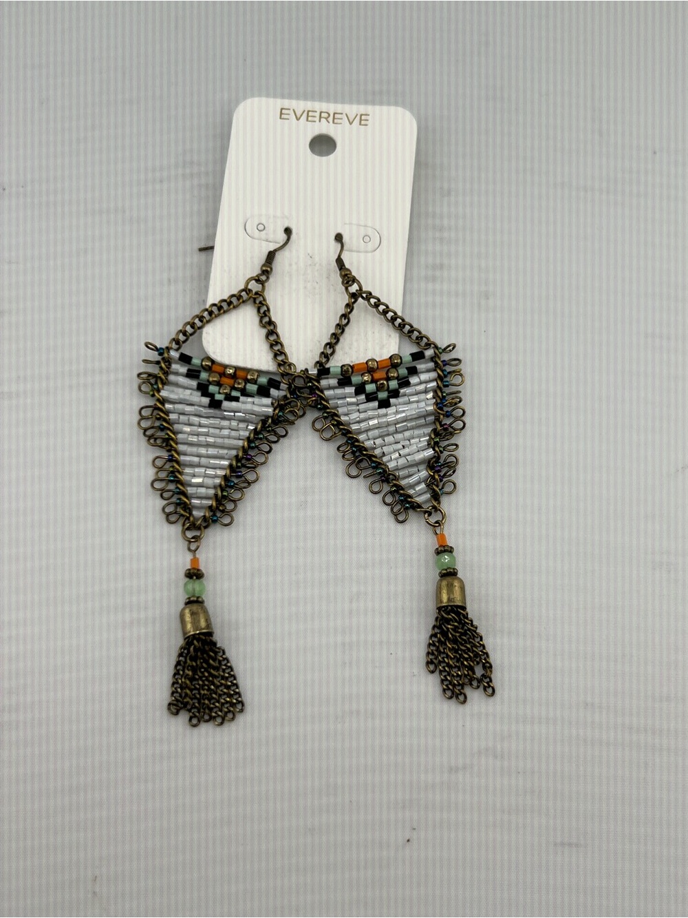 Evereve Beaded Triangle Tassel Drop Earrings Silver Black Orange NWT